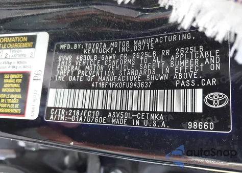 2015 Toyota Camry Le from USA, damaged, VIN 4T1BF1FK0FU943637